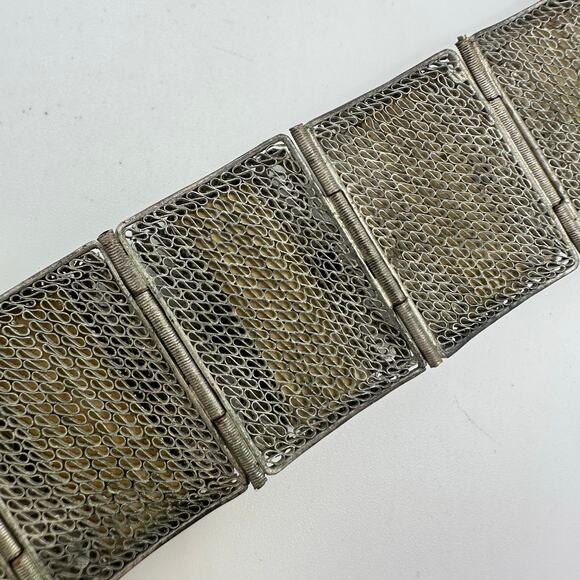 Antique Chinese silver filigree Scrimshaw etched woman ox bone panel bracelet - Picture 9 of 12